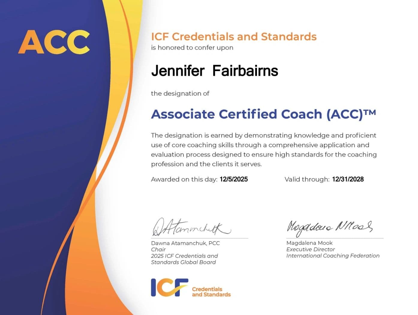 ICF Associate Certified Coach (ACC) certification awarded to Jen Fairbairns by the International Coaching Federation