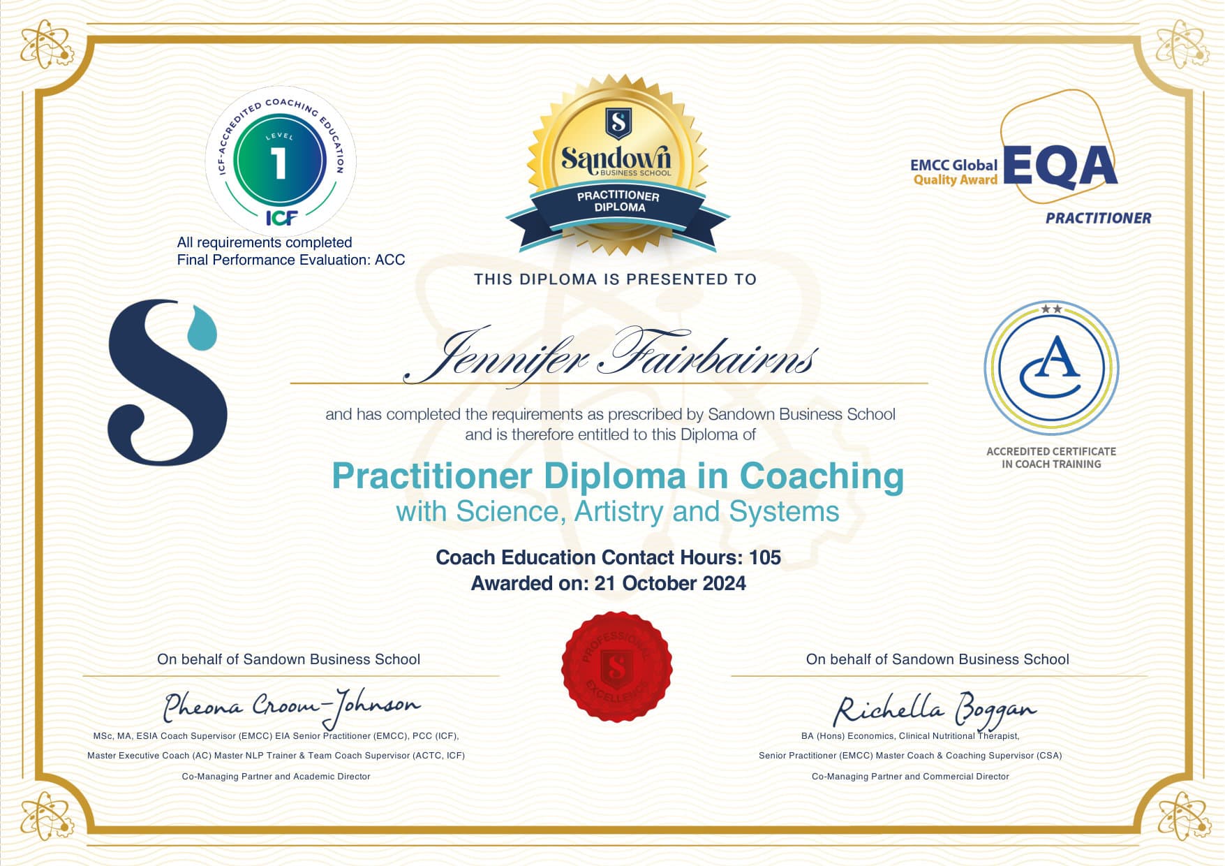 Practitioner Diploma in Coaching with Science, Artistry and Systems awarded to Jennifer Fairbairns by Sandown Business School