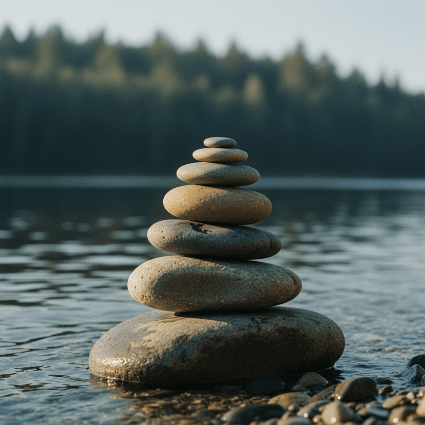 Balanced stone cairn on a quiet shoreline at sunrise